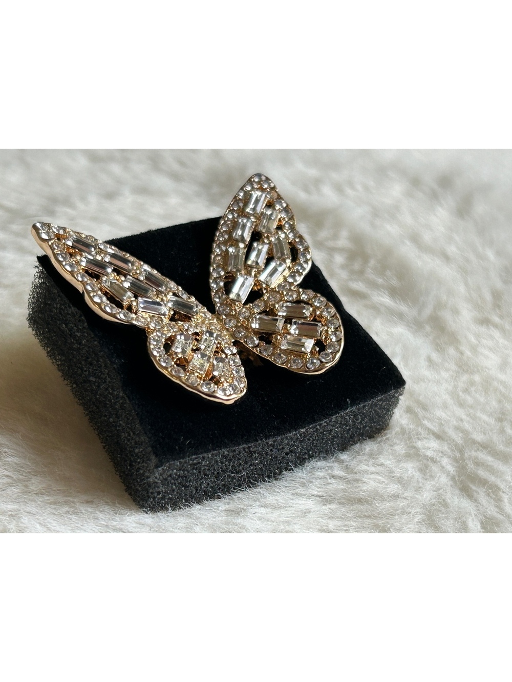 Gold Tone Butterfly Expandable Ring with Clear Rhinestones